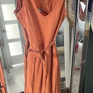 Sleeveless V-Neck Tie-Waist jumpsuit in Orange linen & cotton